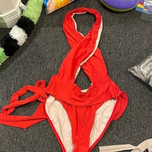 PILYQ red monokini/ one piece swim suit  halter with cross neck
